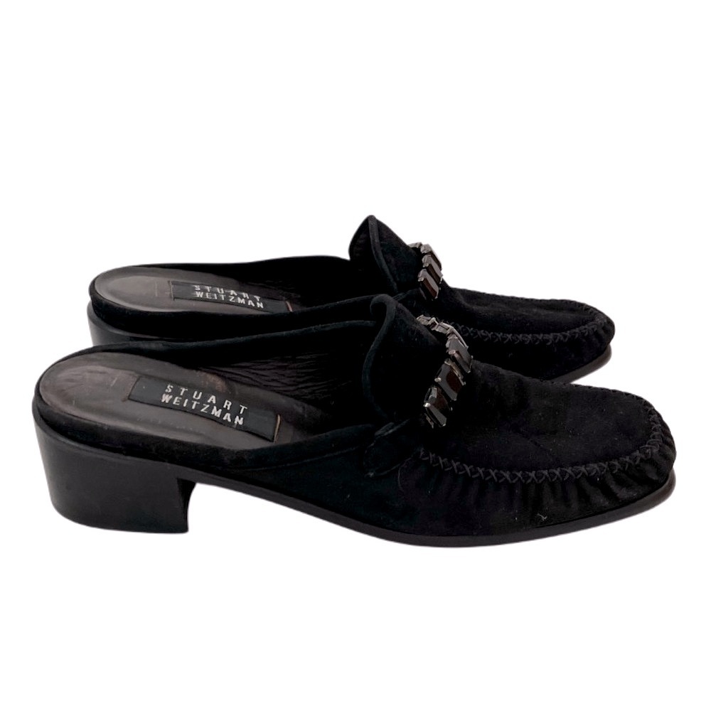 Stuart Weitzman Black Suede Genuine Leather Mules Loafers block heels 8.5 - Picture 2 of 10